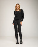 Fitted black dress pants with side pockets and faux back pockets