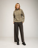 Straight-leg dress pants with a wide hem, side pockets, and faux back pockets