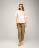 Oversized fine-knit sweater with half sleeves and stripe detail on the sleeve