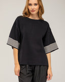 Oversized fine-knit sweater with half sleeves and stripe detail on the sleeve