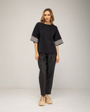 Oversized fine-knit sweater with half sleeves and stripe detail on the sleeve