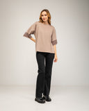 Oversized fine-knit sweater with half sleeves and stripe detail on the sleeve