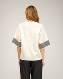 Oversized fine-knit sweater with half sleeves and stripe detail on the sleeve