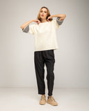 Oversized fine-knit sweater with half sleeves and stripe detail on the sleeve