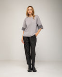 Oversized fine-knit sweater with half sleeves and stripe detail on the sleeve