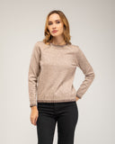 Fine-knit sweater with a crew neck and topstitching at the neck, cuffs, and hem