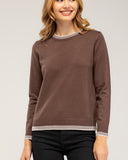 Fine-knit sweater with a crew neck and topstitching at the neck, cuffs, and hem