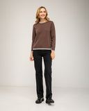 Fine-knit sweater with a crew neck and topstitching at the neck, cuffs, and hem