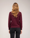 Fine-knit sweater with a crew neck and topstitching at the neck, cuffs, and hem