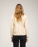 Fine-knit sweater with a crew neck and topstitching at the neck, cuffs, and hem
