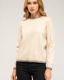 Fine-knit sweater with a crew neck and topstitching at the neck, cuffs, and hem