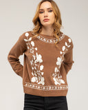 Jersey de punto con cuello redondo y flores bordadas en el pecho, cuello y bajo