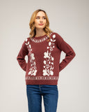 Jersey de punto con cuello redondo y flores bordadas en el pecho, cuello y bajo