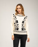 Jersey de punto con cuello redondo y flores bordadas en el pecho, cuello y bajo