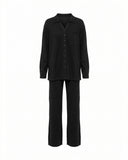 Knit pants and jacket set with button closure and pants with front pockets