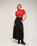 Falda denim midi, corte A, con cierre de botones y bolsillos laterales con botones - Tantra Spain