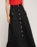 Falda denim midi, corte A, con cierre de botones y bolsillos laterales con botones - Tantra Spain