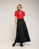 Falda denim midi, corte A, con cierre de botones y bolsillos laterales con botones - Tantra Spain