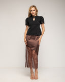 Falda midi recta de raso con encaje y apertura lateral - Tantra Spain