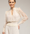 Top de encaje con elástico en los puños y en la cintura, cuello en pico y tiras (Beige)