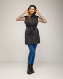 Long vest with belt, waterproof at the front and knitted at the back with side pockets