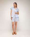Blusa de rayas con bordados y manga corta con vuelta (Blue) - Tantra Spain