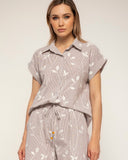 Blusa de rayas con bordados y manga corta con vuelta (Brown) - Tantra Spain