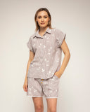 Blusa de rayas con bordados y manga corta con vuelta (Brown) - Tantra Spain
