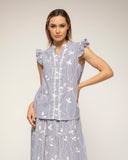 Blusa rayas bordados detalle encaje volantes en las mangas (Grey) - Tantra Spain