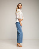 Camisa de manga farol con flores bordadas y detalle de vainica - Tantra Spain