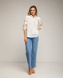 Camisa de manga farol con flores bordadas y detalle de vainica - Tantra Spain