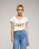 Camiseta con texto "joy" y lentejuelas y abalorios. - Tantra Spain