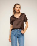 camiseta de manga corta seda cuello pico (Brown) - Tantra Spain