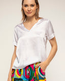 camiseta de manga corta seda cuello pico (White) - Tantra Spain