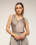 camiseta manga corta cuello pico seda delante punto detras (Beige) - Tantra Spain