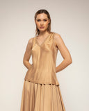 camiseta manga corta cuello pico seda delante punto detras (Camel) - Tantra Spain