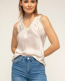 camiseta manga corta cuello pico seda delante punto detras (Ecru) - Tantra Spain
