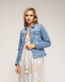 Chaqueta denim con bordados de flores en la espalda, strass y lentejuelas - Tantra Spain