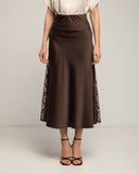Falda midi de raso tipo A con aperturas laterales y encaje, cintura elástica (BROWN) - Tantra Spain