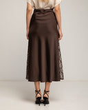 Falda midi de raso tipo A con aperturas laterales y encaje, cintura elástica (BROWN) - Tantra Spain