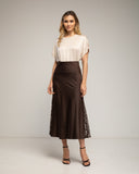 Falda midi de raso tipo A con aperturas laterales y encaje, cintura elástica (BROWN) - Tantra Spain