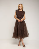 Falda midi de tul con lunares, corte tipo A, cintura elástica con lazo - Tantra Spain