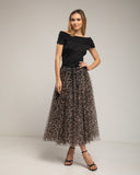 Falda midi de tul con varias capas, corte en A, de animal print, cintura elástica - Tantra Spain