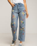 Jeans rectos de tiro alto con flores y dibujos pintados en la parte anterior y posteriot - Tantra Spain