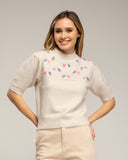 Jersey de manga corta con pajaritos bordados y frunce en el hombro (BEIGE) - Tantra Spain