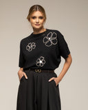Jersey de punto de manga corta con flores de strass y lentejuelas - Tantra Spain