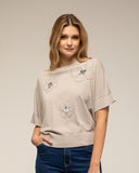 Jersey de punto de manga corta con flores de strass y lentejuelas - Tantra Spain
