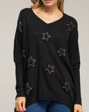 Jersey de punto oversize largo con estrellas de tela con strass cosidas (NEGRO) - Tantra Spain