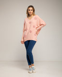 Jersey de punto oversize largo con estrellas de tela con strass cosidas (ROSA) - Tantra Spain