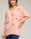 Jersey de punto oversize largo con estrellas de tela con strass cosidas (ROSA) - Tantra Spain